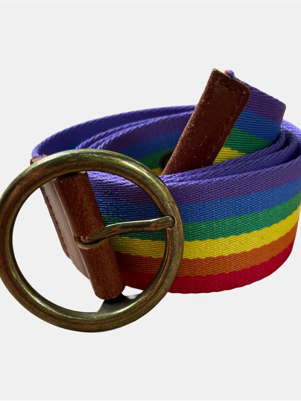 MW USA Rainbow Belt with Circle Brass Buckle Leather Trim Womens Size Small